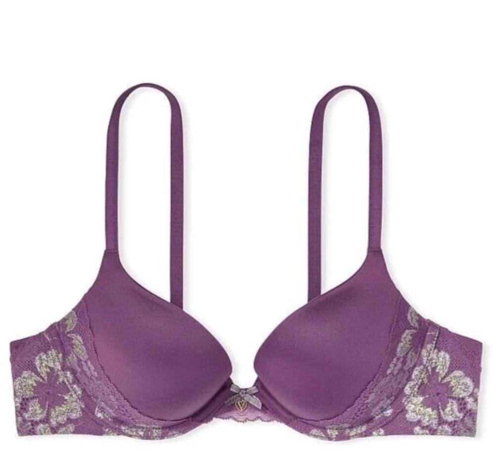 Victoria’s Secret Body By Victoria Bra 38DD Purple Silver Lace Push Up Underwire